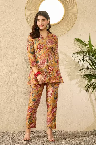 Women mustard rayon blend floral printed coord sets