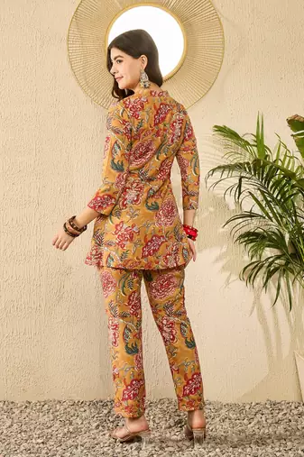 Women mustard rayon blend floral printed coord sets