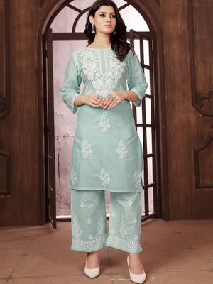 teal heavy cotton white thread work embroidered lucknowi chikankari Kurta With Palazzo Set 1