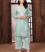 teal heavy cotton white thread work embroidered lucknowi chikankari Kurta With Palazzo Set