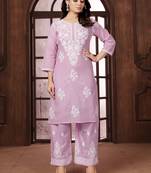 pastel pink cotton white thread work embroidered chikankari Kurta With Palazzo