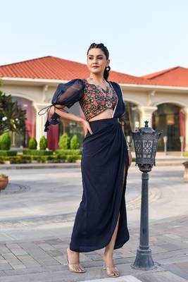 pre-stitched blue saree gown 1
