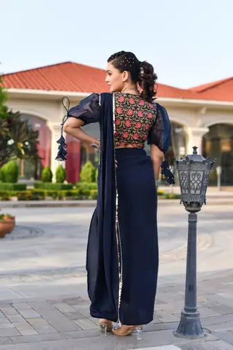 pre-stitched blue saree gown