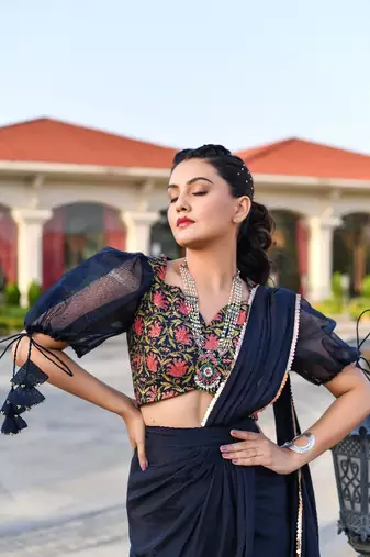 pre-stitched blue saree gown