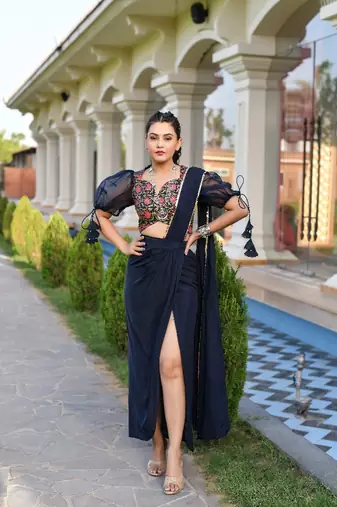 pre-stitched blue saree gown