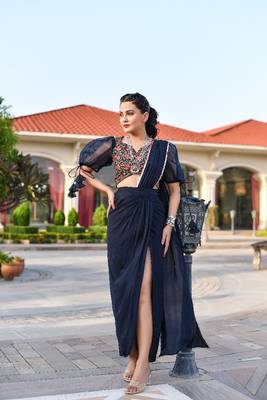 pre-stitched blue saree gown 5