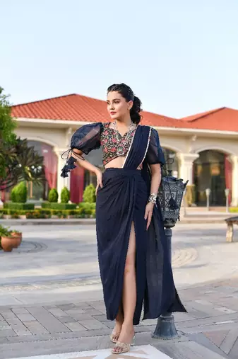 pre-stitched blue saree gown
