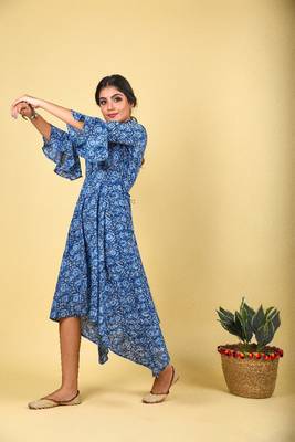 Indigo collared placket asymmetrical ethnic dress 1