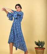 Indigo collared placket asymmetrical ethnic dress