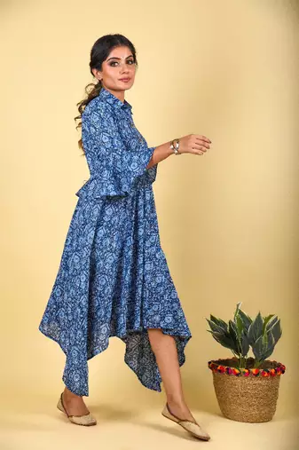 Indigo collared placket asymmetrical ethnic dress
