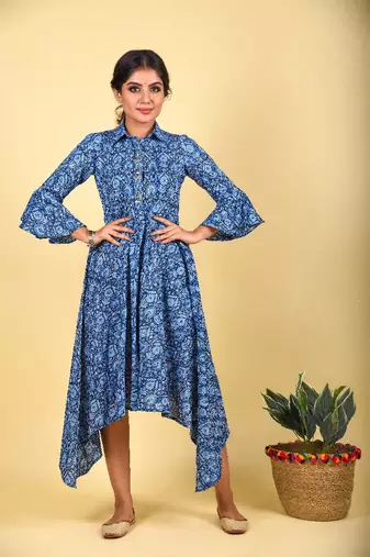 Indigo collared placket asymmetrical ethnic dress