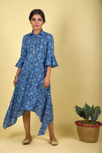 Indigo collared placket asymmetrical ethnic dress