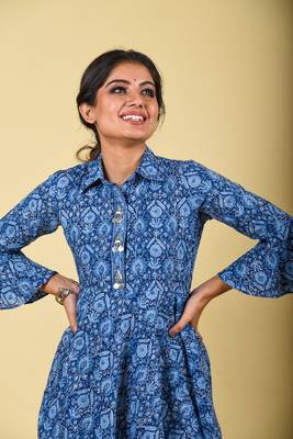 Indigo collared placket asymmetrical ethnic dress 5