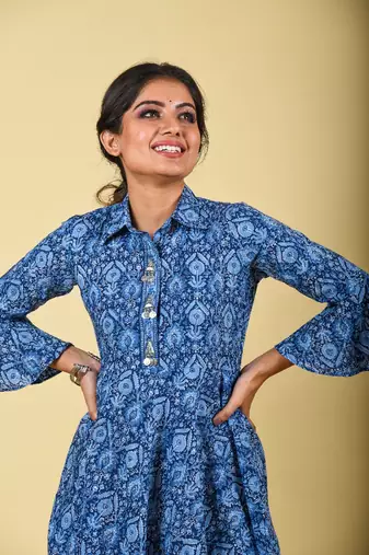 Indigo collared placket asymmetrical ethnic dress