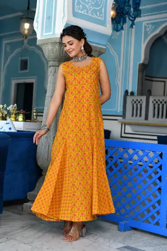 Mustard a-line ethnic dress