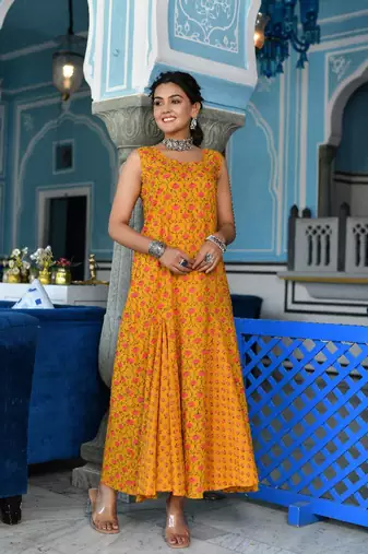 Mustard a-line ethnic dress
