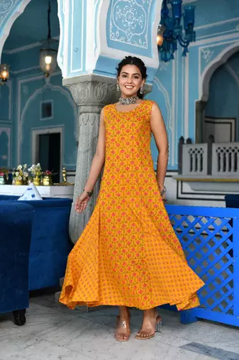 Mustard a-line ethnic dress