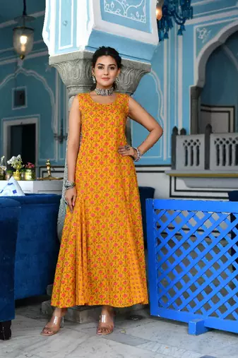 Mustard a-line ethnic dress