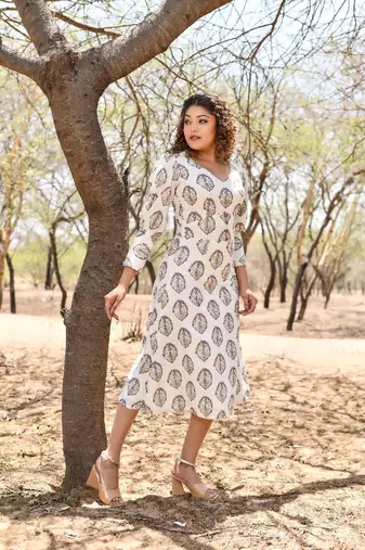 White & grey midi ethnic dress