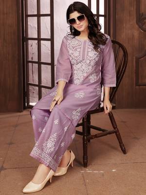  dusty pink heavy cotton white thread work embroidered lucknowi chikankari Kurta With Palazzo Set 4