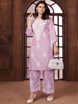 pastel pink cotton white thread work embroidered chikankari Kurta With Palazzo 4