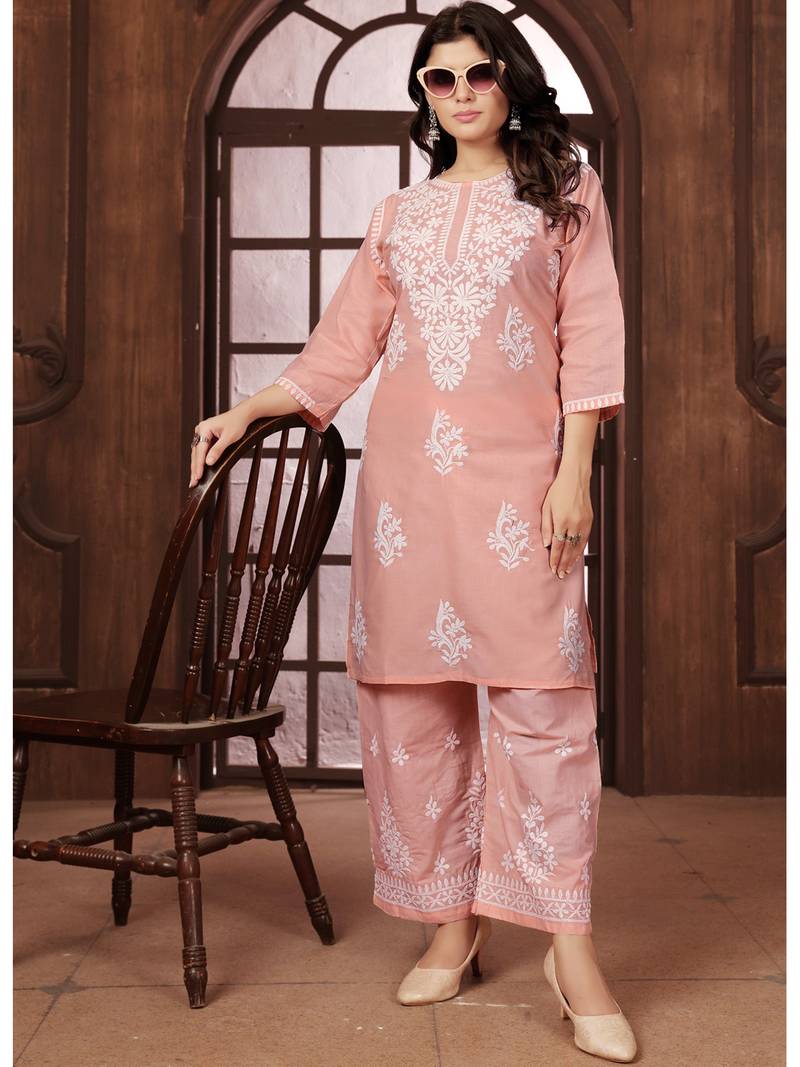 peach heavy cotton white thread work embroidered lucknowi chikankari Kurta With Palazzo Set