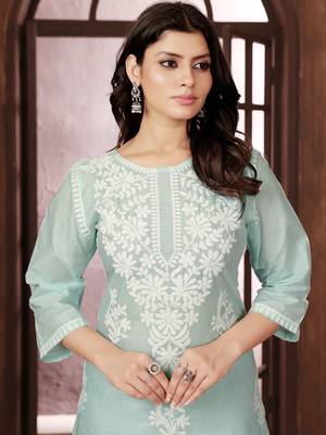 teal heavy cotton white thread work embroidered lucknowi chikankari Kurta With Palazzo Set 2