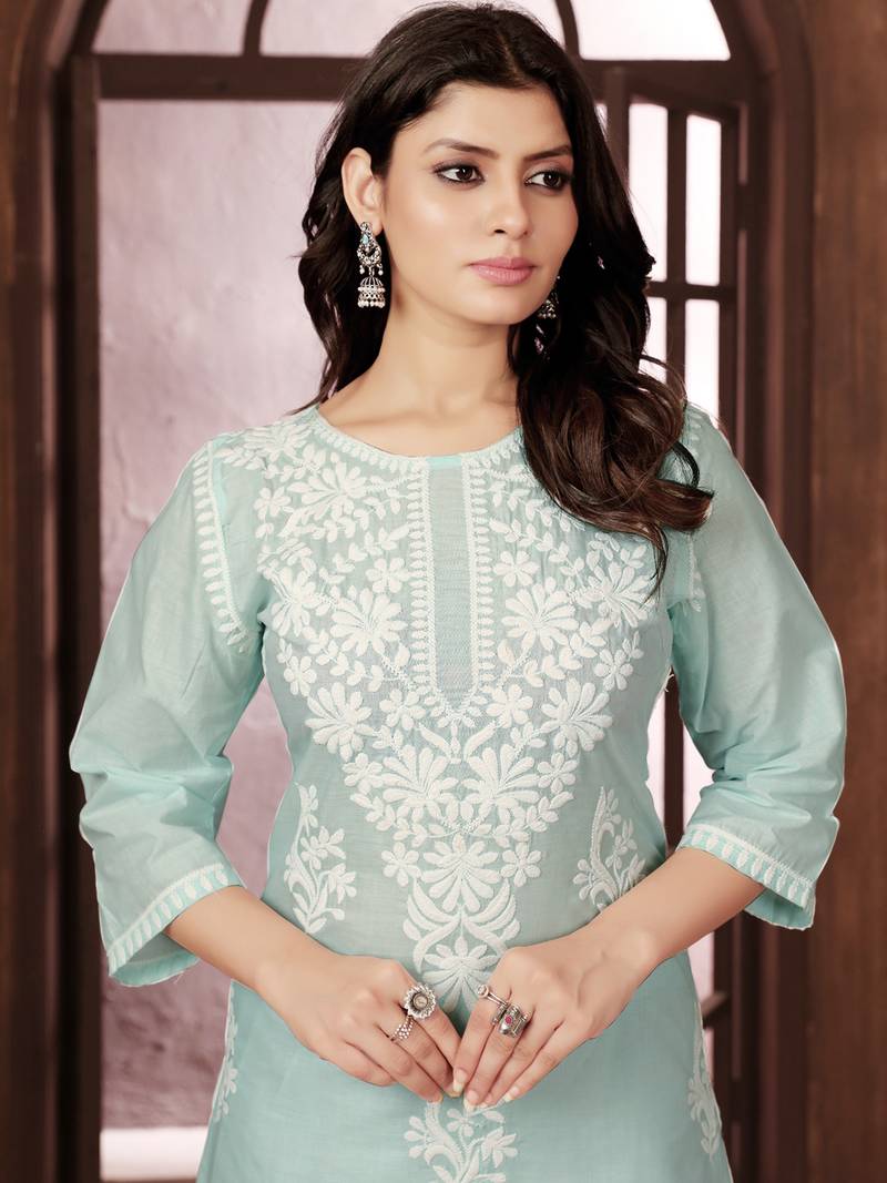 teal heavy cotton white thread work embroidered lucknowi chikankari Kurta With Palazzo Set