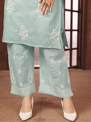 teal heavy cotton white thread work embroidered lucknowi chikankari Kurta With Palazzo Set 3