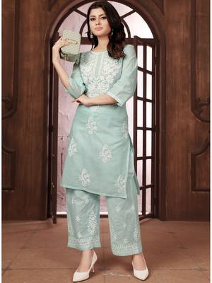 teal heavy cotton white thread work embroidered lucknowi chikankari Kurta With Palazzo Set 4
