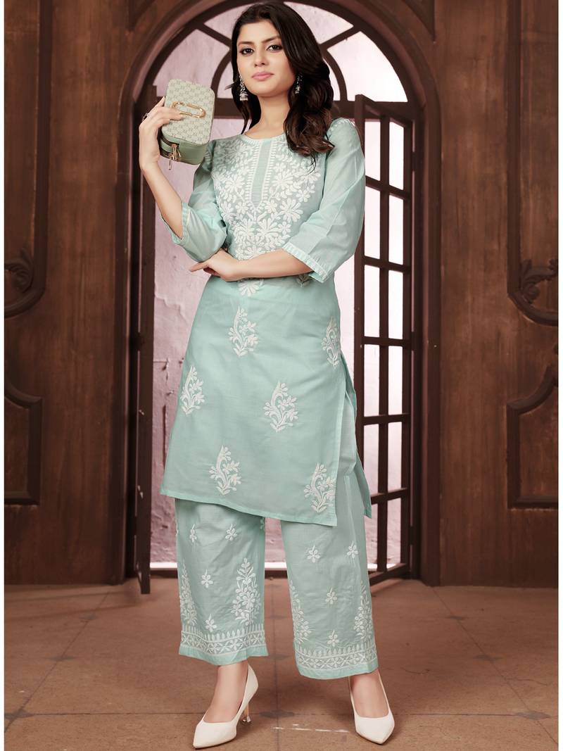teal heavy cotton white thread work embroidered lucknowi chikankari Kurta With Palazzo Set