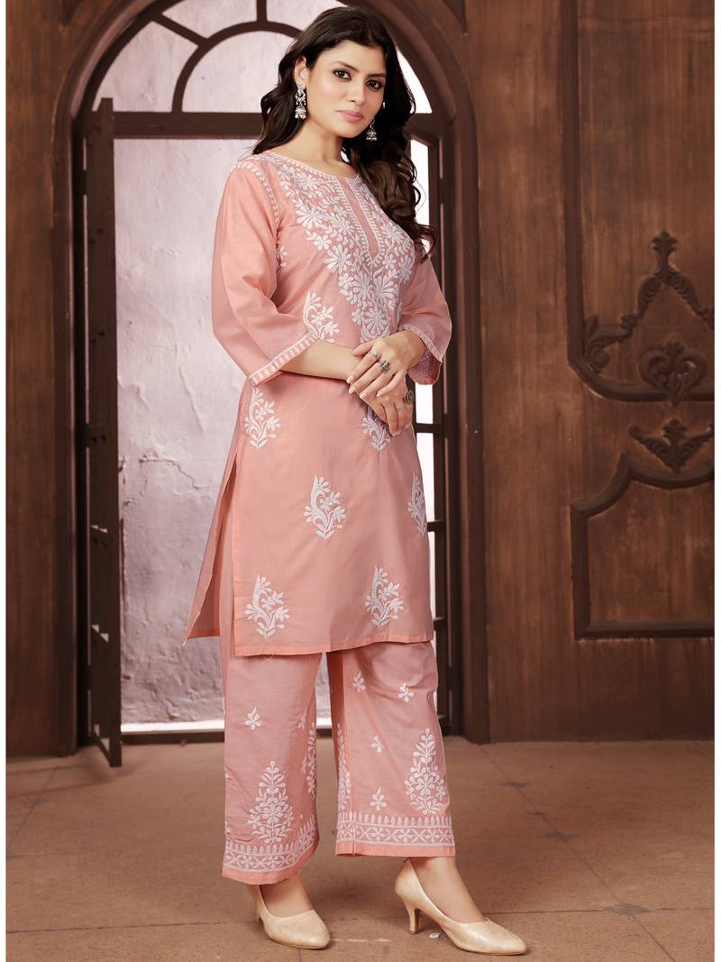 peach heavy cotton white thread work embroidered lucknowi chikankari Kurta With Palazzo Set
