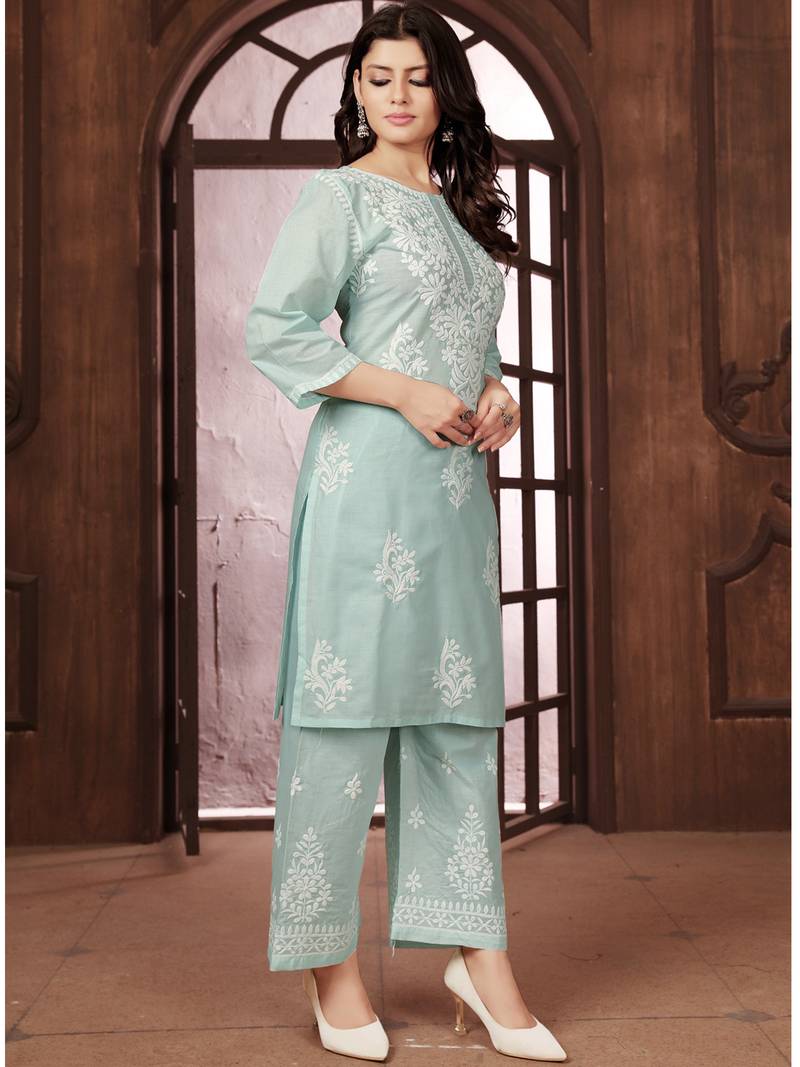 teal heavy cotton white thread work embroidered lucknowi chikankari Kurta With Palazzo Set