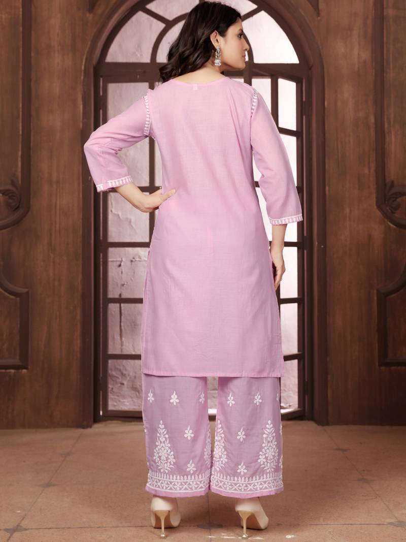 pastel pink cotton white thread work embroidered chikankari Kurta With Palazzo