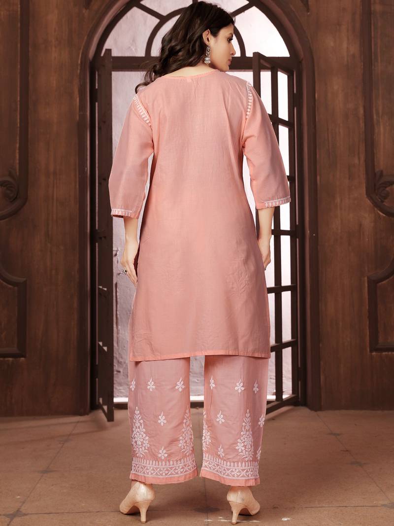 peach heavy cotton white thread work embroidered lucknowi chikankari Kurta With Palazzo Set