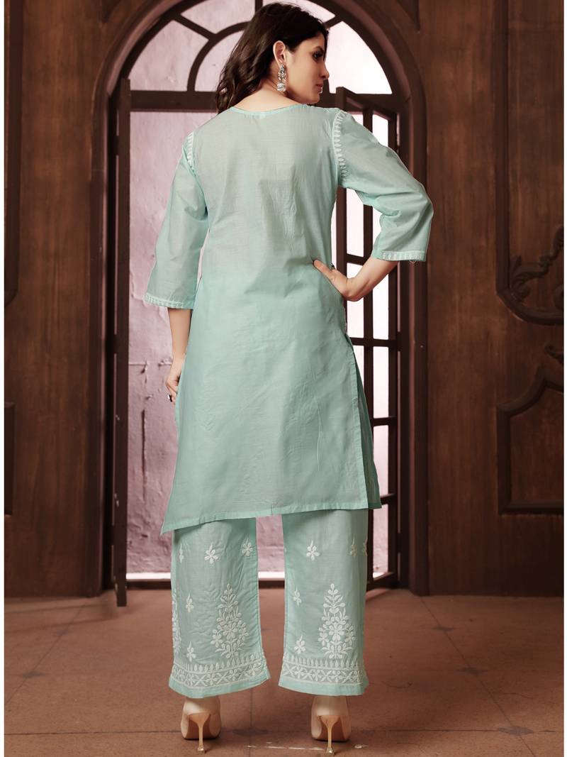 teal heavy cotton white thread work embroidered lucknowi chikankari Kurta With Palazzo Set