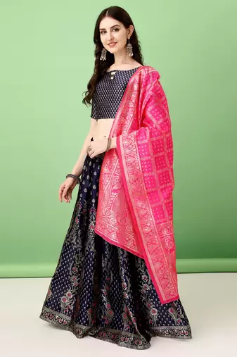 Navy Blue Woven Silk Lehenga Choli With Dupatta