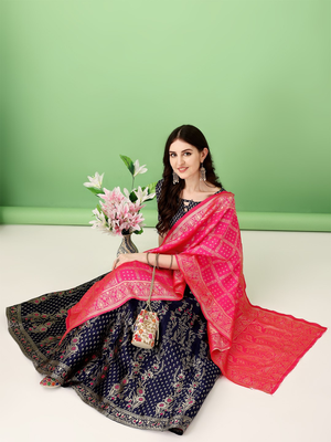 Navy Blue Woven Silk Lehenga Choli With Dupatta 3
