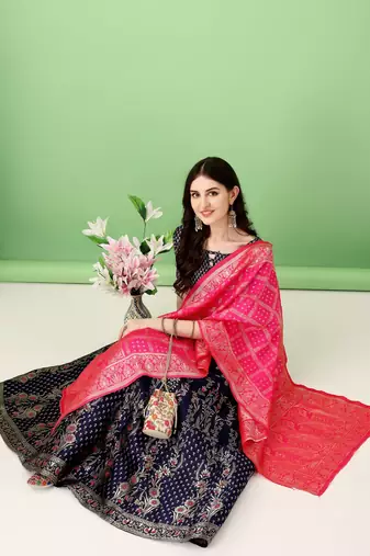 Navy Blue Woven Silk Lehenga Choli With Dupatta