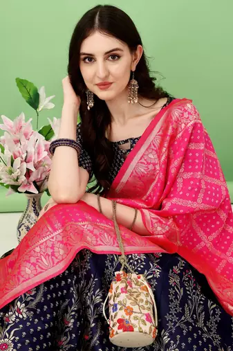 Navy Blue Woven Silk Lehenga Choli With Dupatta