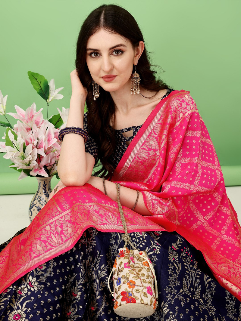 Navy Blue Woven Silk Lehenga Choli With Dupatta
