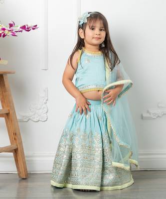 Heavy pita work lahenga with dupatta attached to top 1