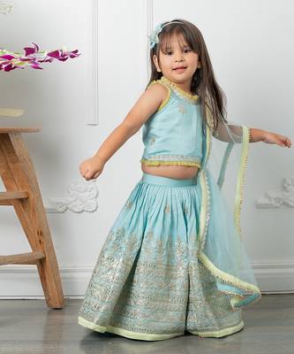 Heavy pita work lahenga with dupatta attached to top 2