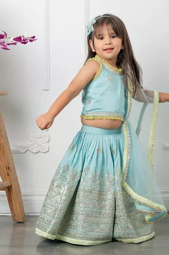 Heavy pita work lahenga with dupatta attached to top