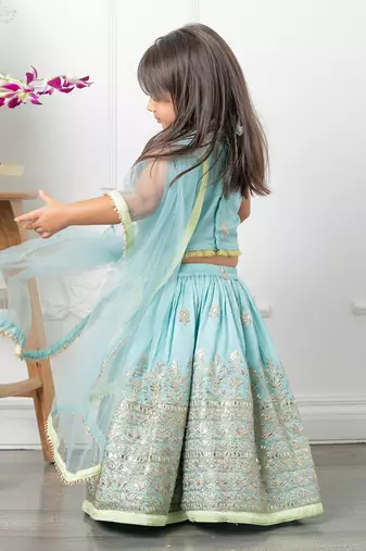 Heavy pita work lahenga with dupatta attached to top
