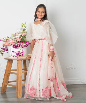 Round neck off white top and floral applique embroidered lehenga 1