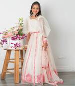 Round neck off white top and floral applique embroidered lehenga
