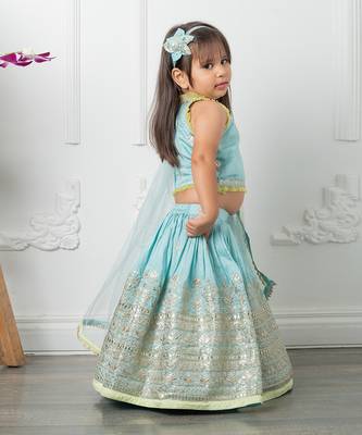 Heavy pita work lahenga with dupatta attached to top 5