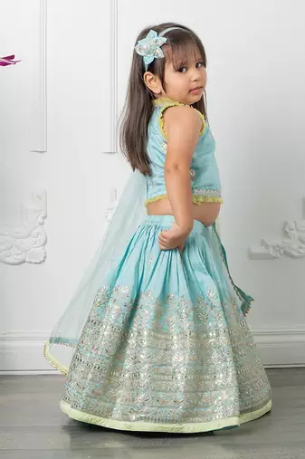 Heavy pita work lahenga with dupatta attached to top