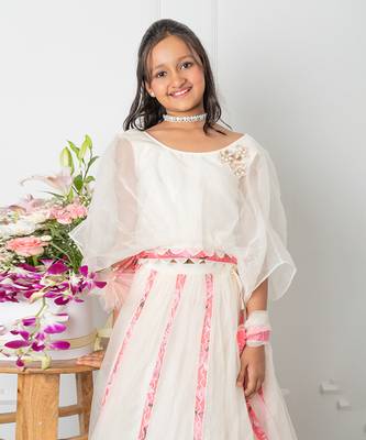 Round neck off white top and floral applique embroidered lehenga 2